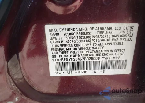 2007 Honda Pilot Ex z USA, uszkodzony, nr VIN 5FNYF28467B025999